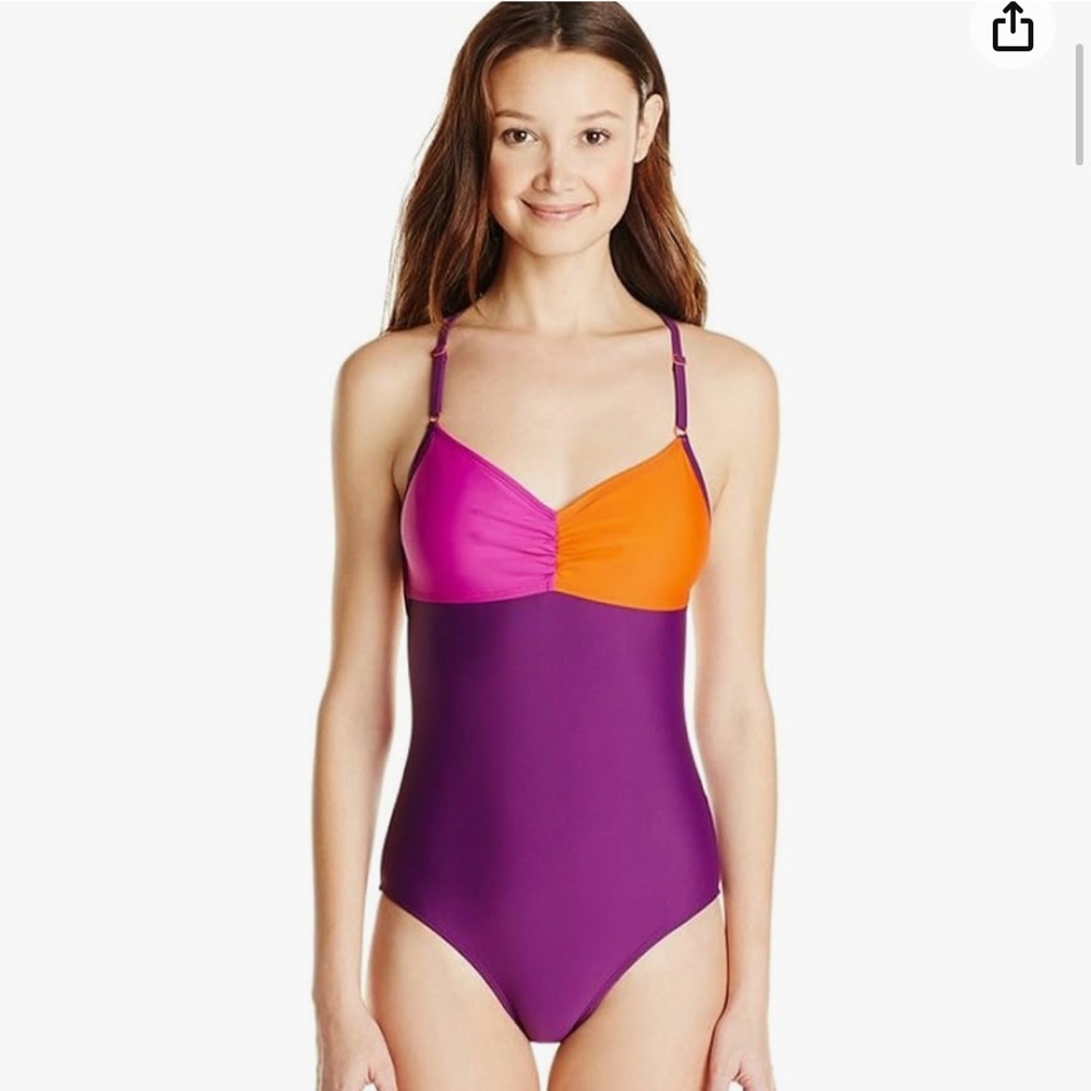 Roxy Fast Start Sporty Colorblock Low Back BlackBerry One-Piece Swimsuit, XS